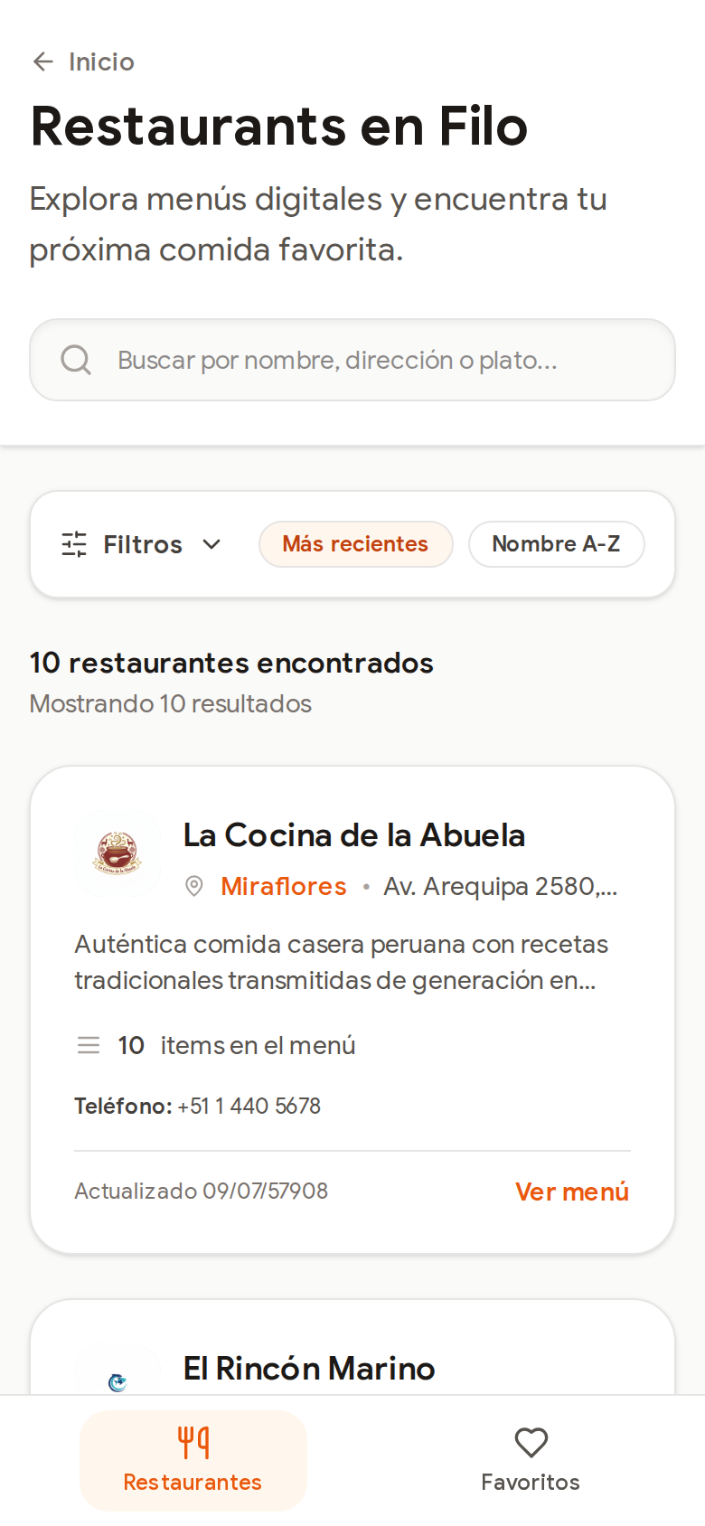 Listado en /restaurants — búsqueda, filtros y tarjetas de locales
