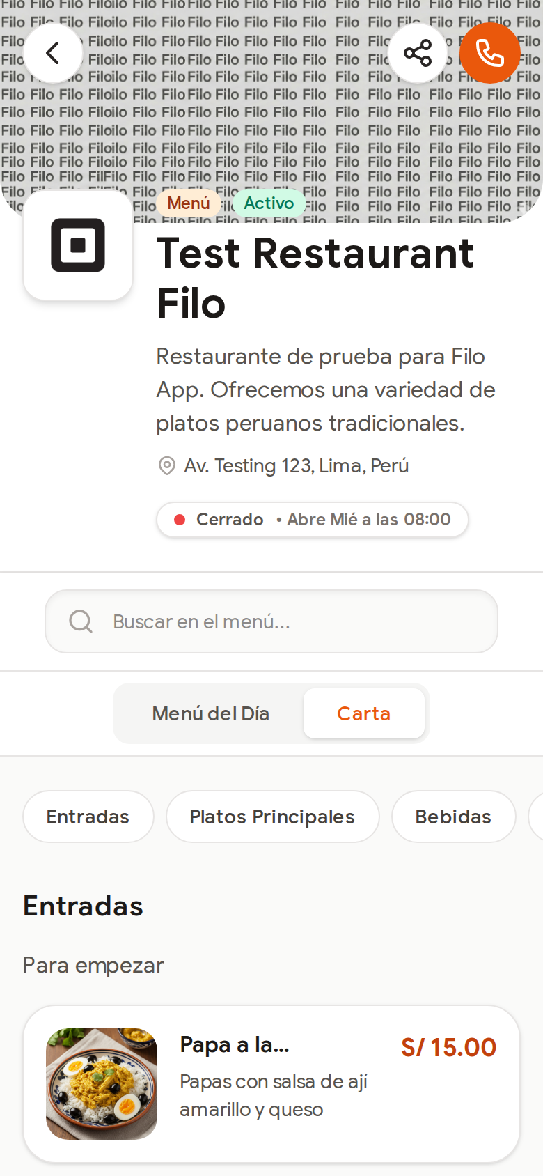 Pestaña Carta — categorías y platos del menú digital del local