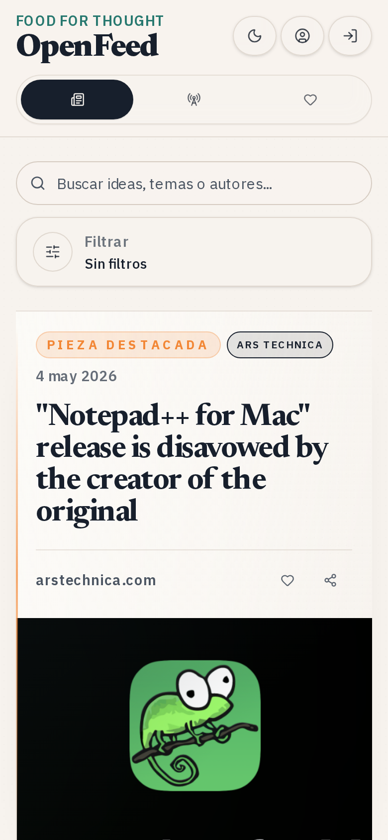 Openfeed — parte superior del feed en producción