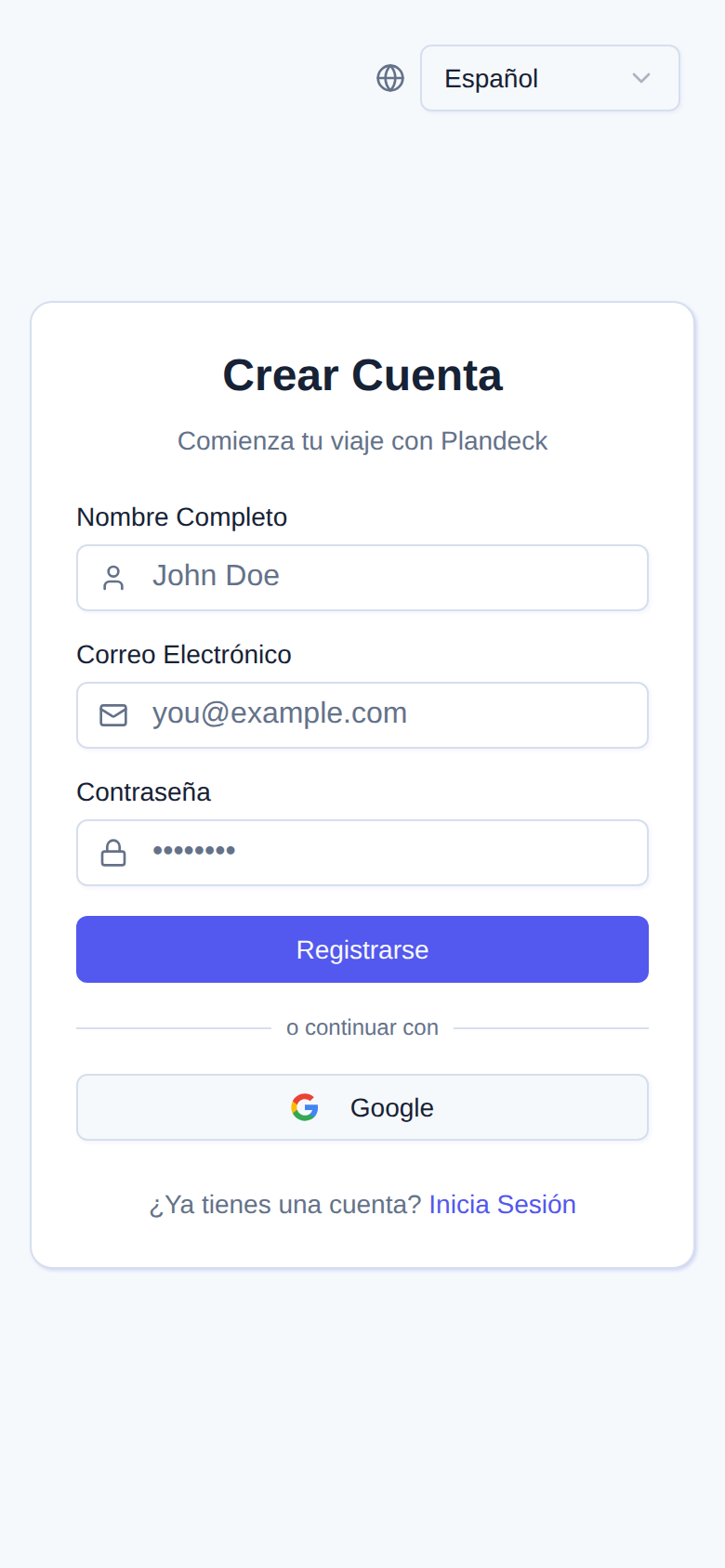 Alta de cuenta — layout del formulario, Google y marca